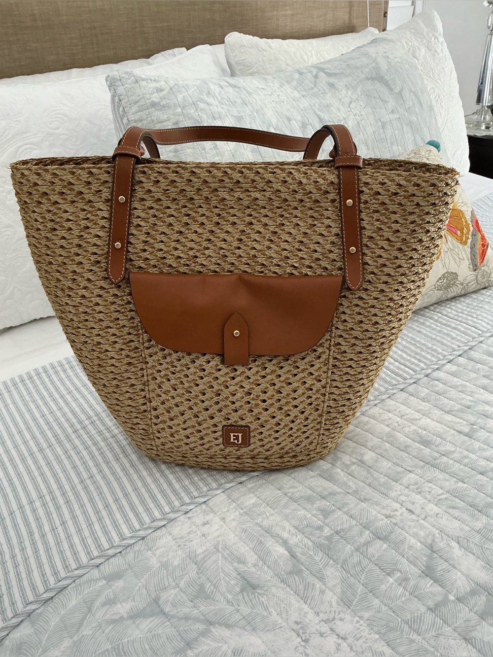 Eric Javits  Woven Straw Tote with Brown Leather Accents